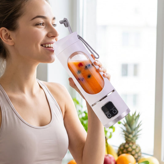 Portable USB rechargeable juicing cup blender in use
