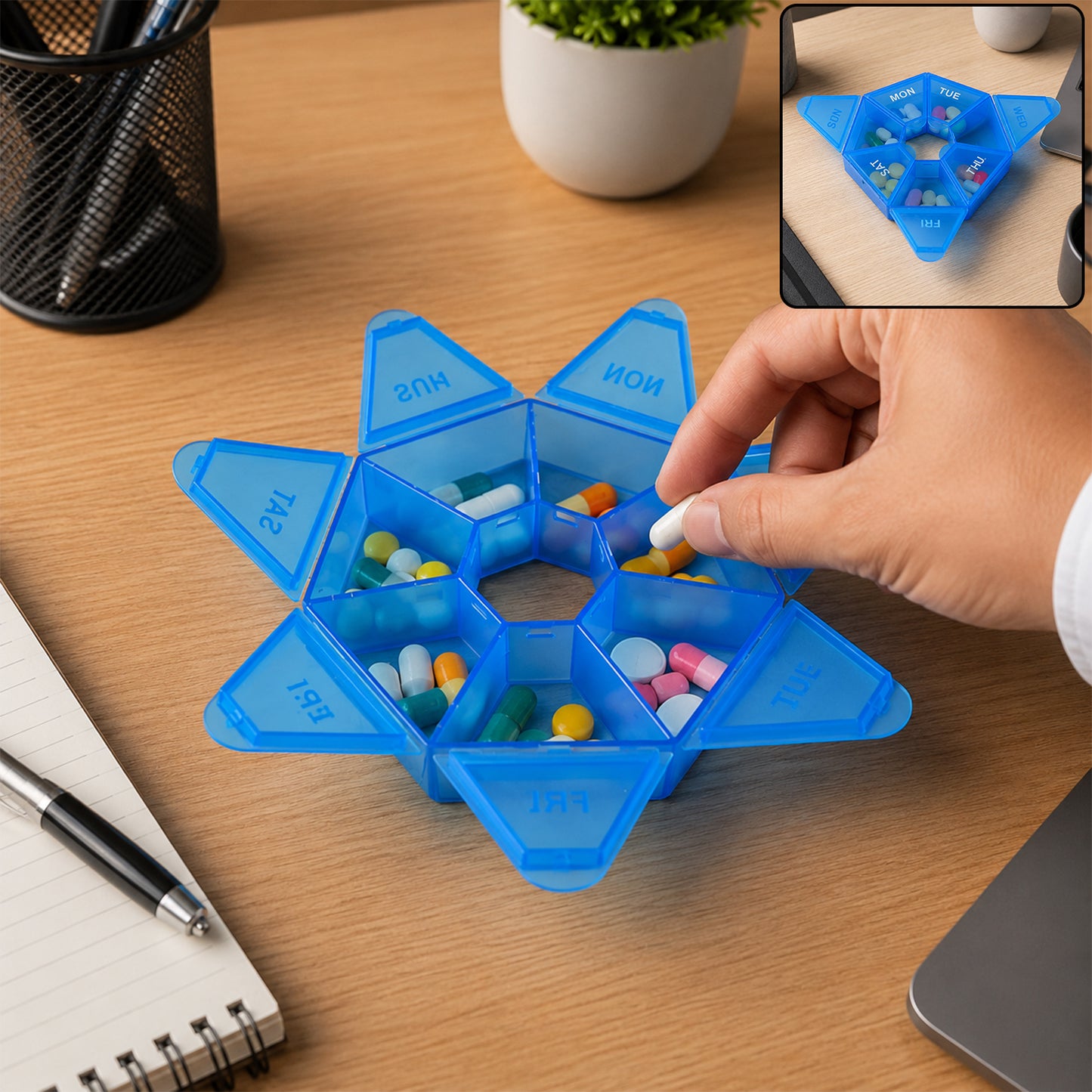 Weekly plastic pill box with seven day compartments