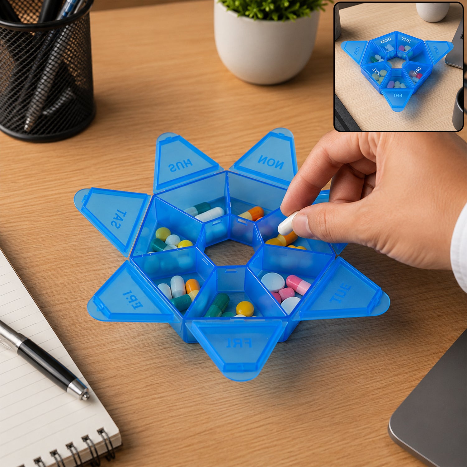 Weekly plastic pill box with seven day compartments
