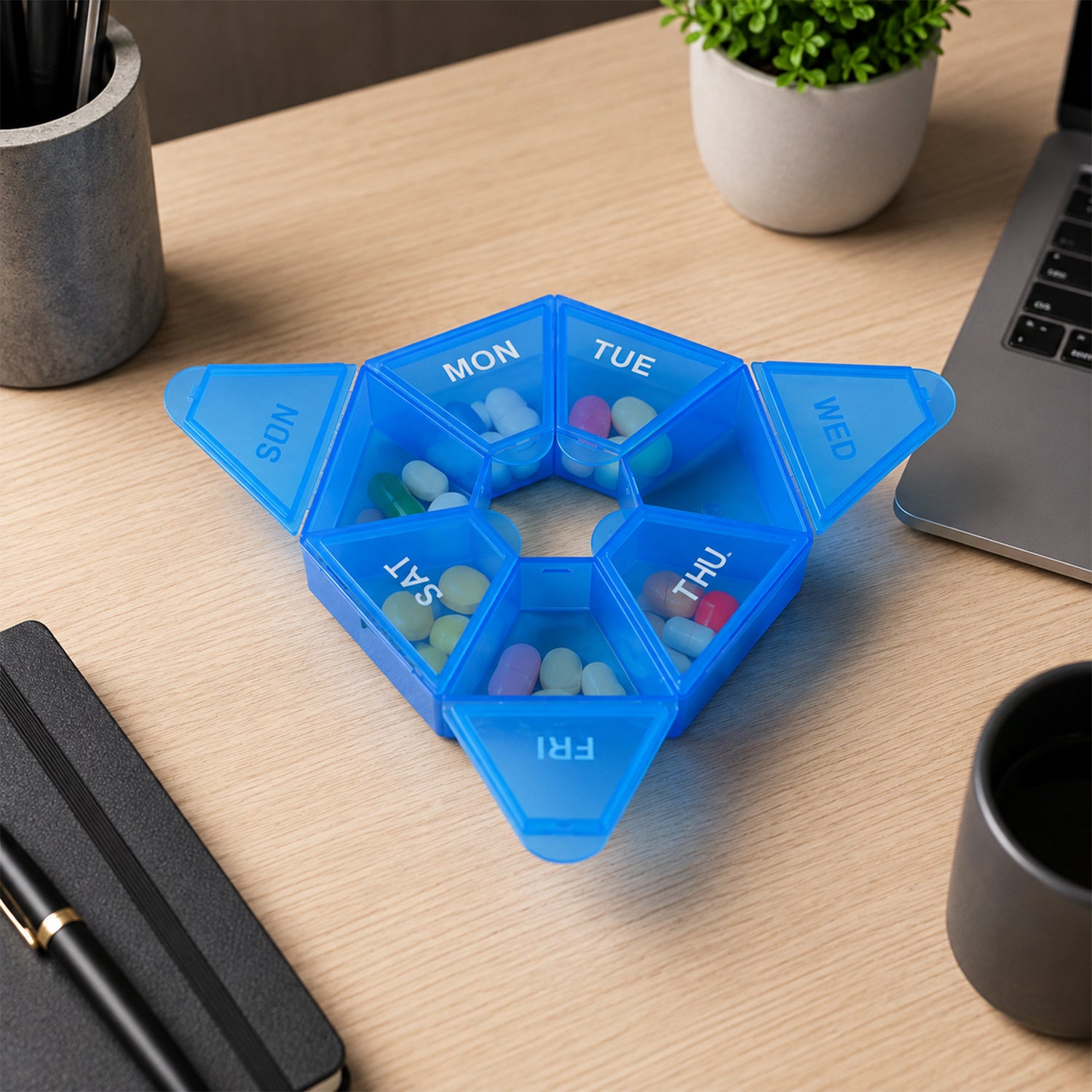 Weekly pill storage box for desk use