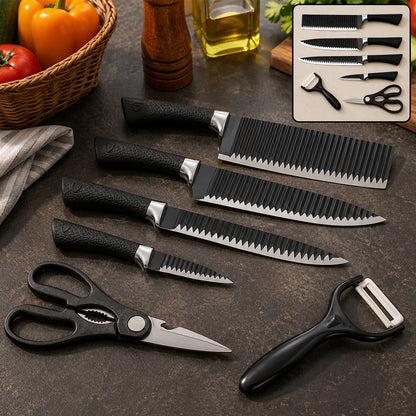 Six-piece black serrated knife set with peeler and scissors on a dark countertop with vegetables.