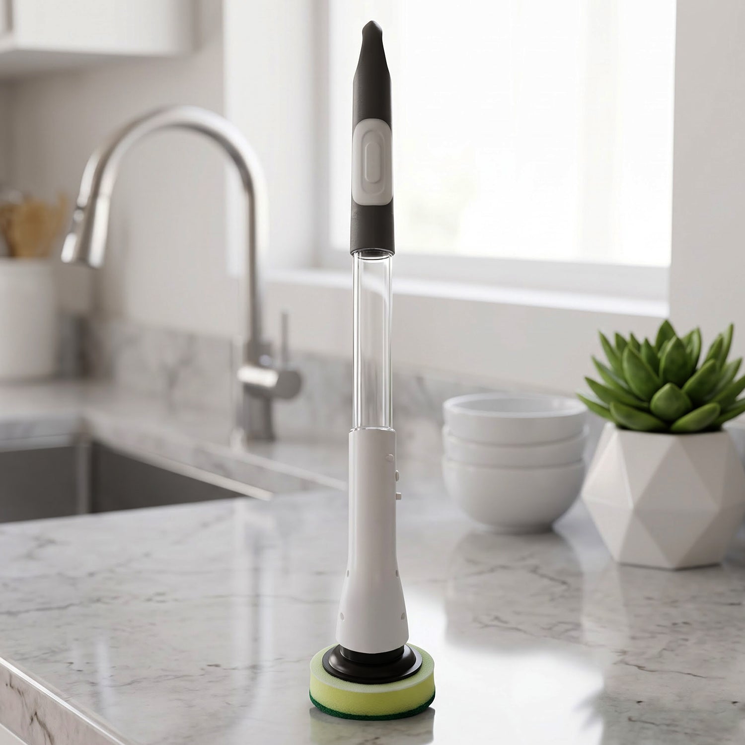 Multipurpose scrubber standing on kitchen counter