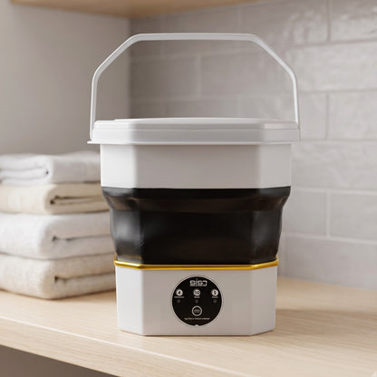Compact electric folding washer standing upright