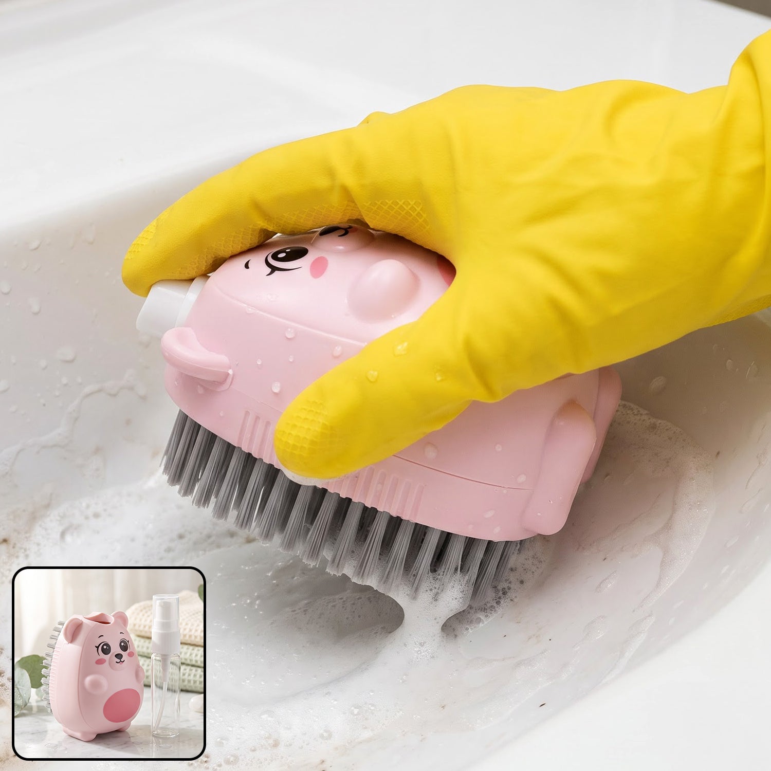 2 in 1 soap dispensing cleaning brush in use