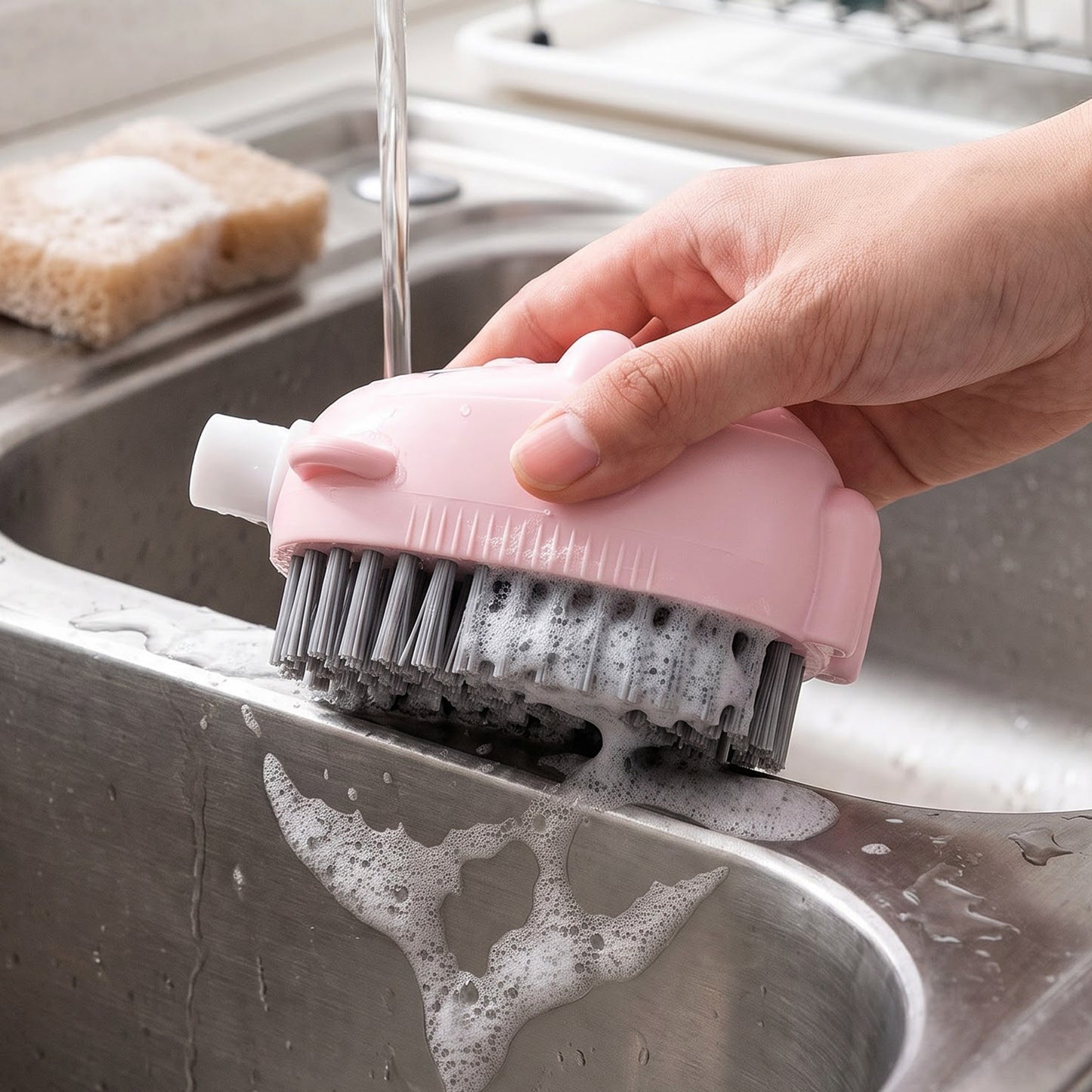 Soap dispensing brush for sink cleaning