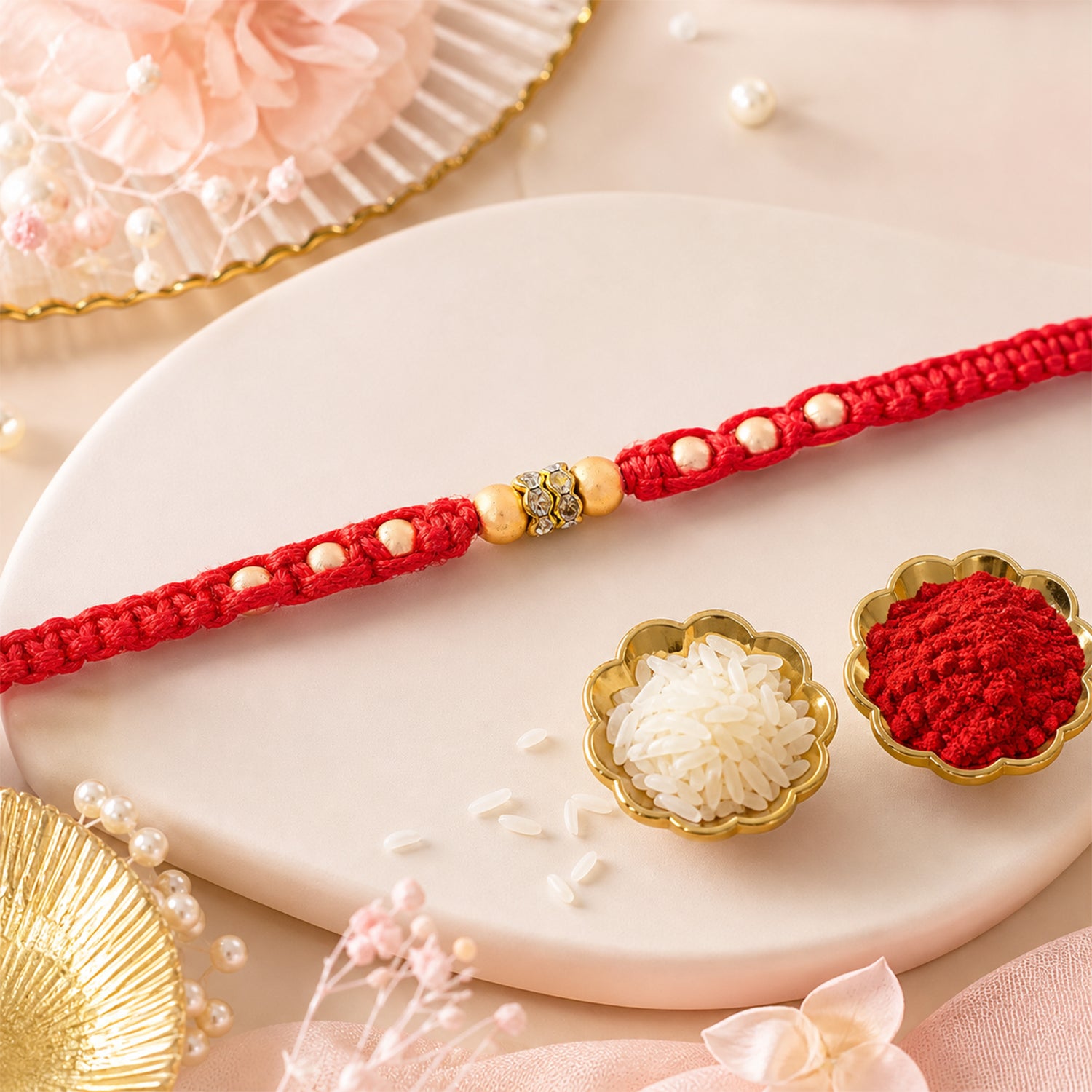 Red Thread Rakhi with Smooth Golden Beads and Sparkling Rhinestone Spacer