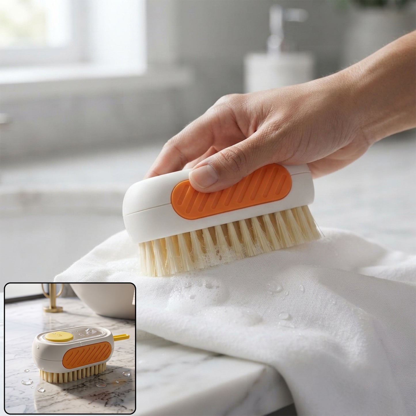 Soap dispensing cleaning brush used on fabric