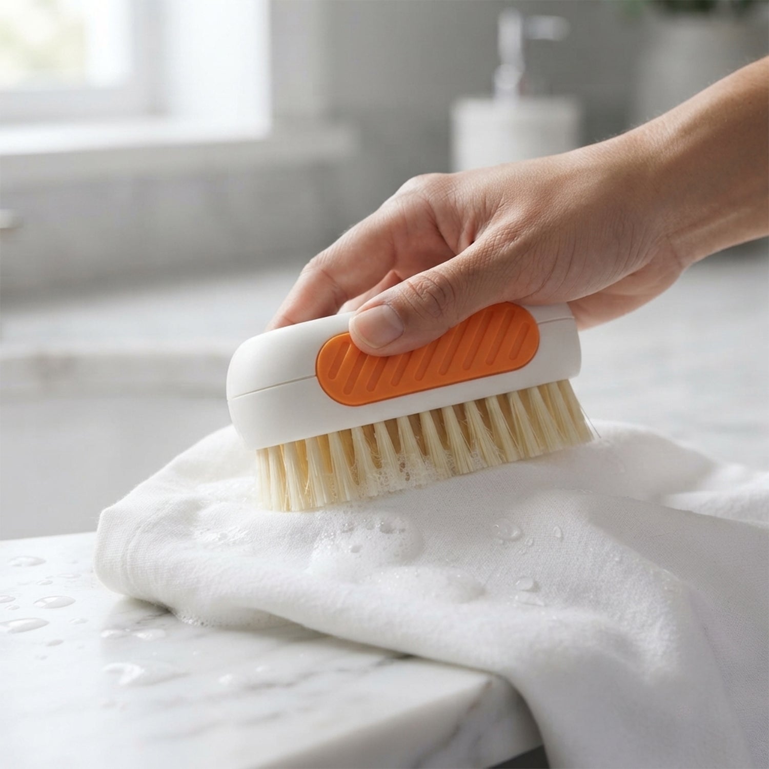 Handheld cleaning brush in use
