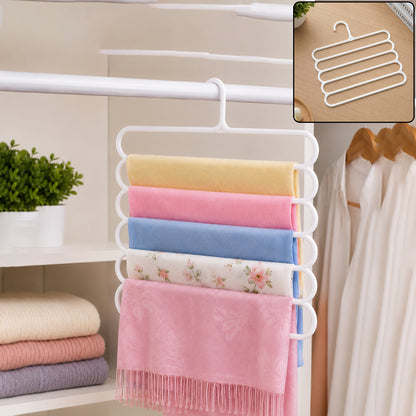 Large 5 in 1 plastic multipurpose clothes hanger in use