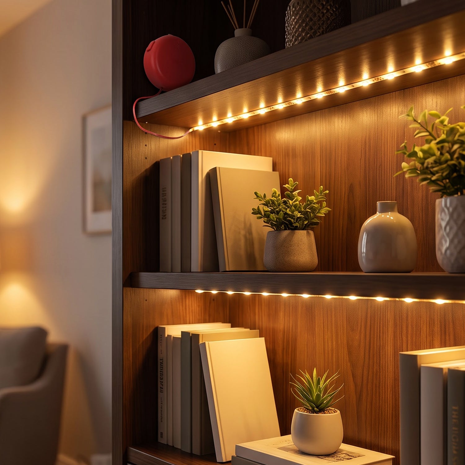 LED strip lights illuminating wooden shelves