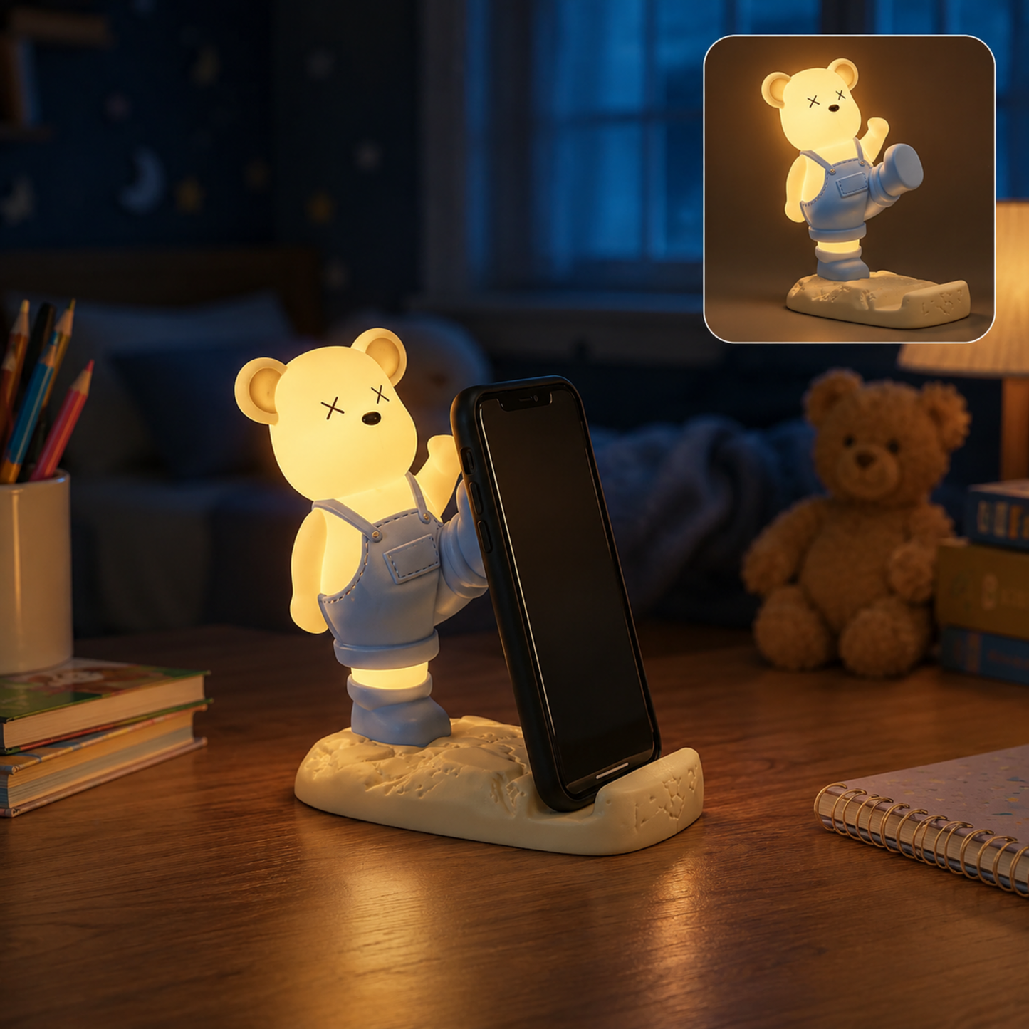Magnetic Bear Mobile Phone Holder with LED Light for Desk (1 Pc)