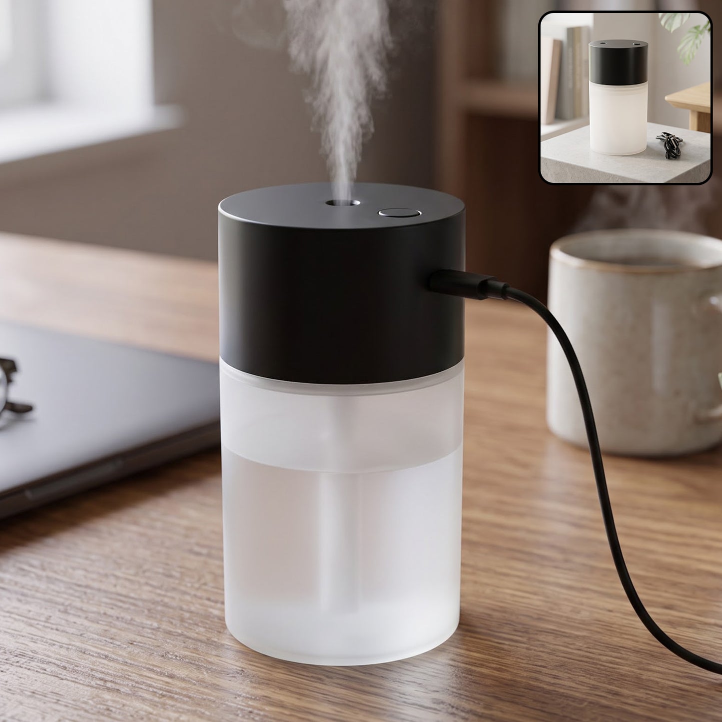Portable mini USB air humidifier in use