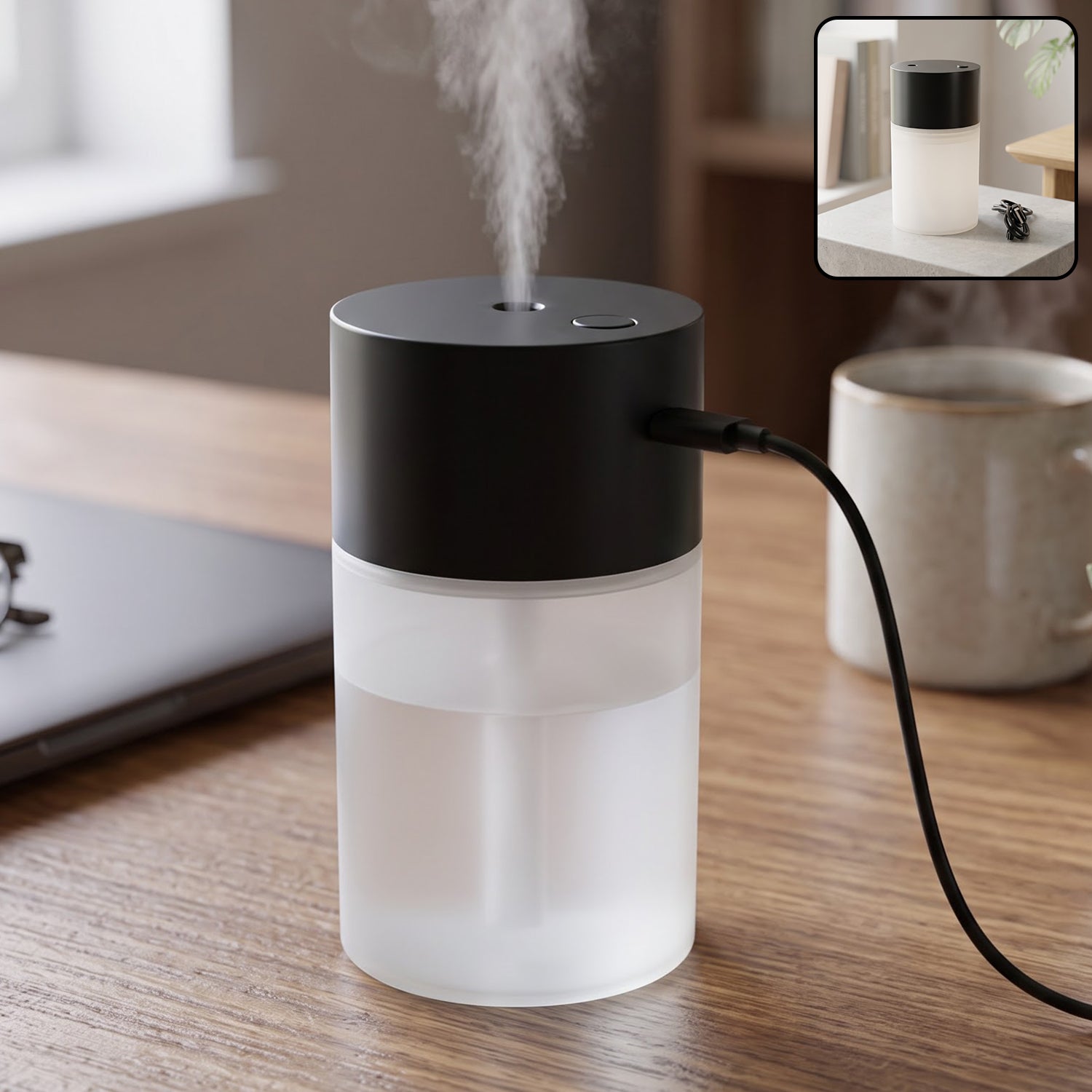 Portable mini USB air humidifier in use