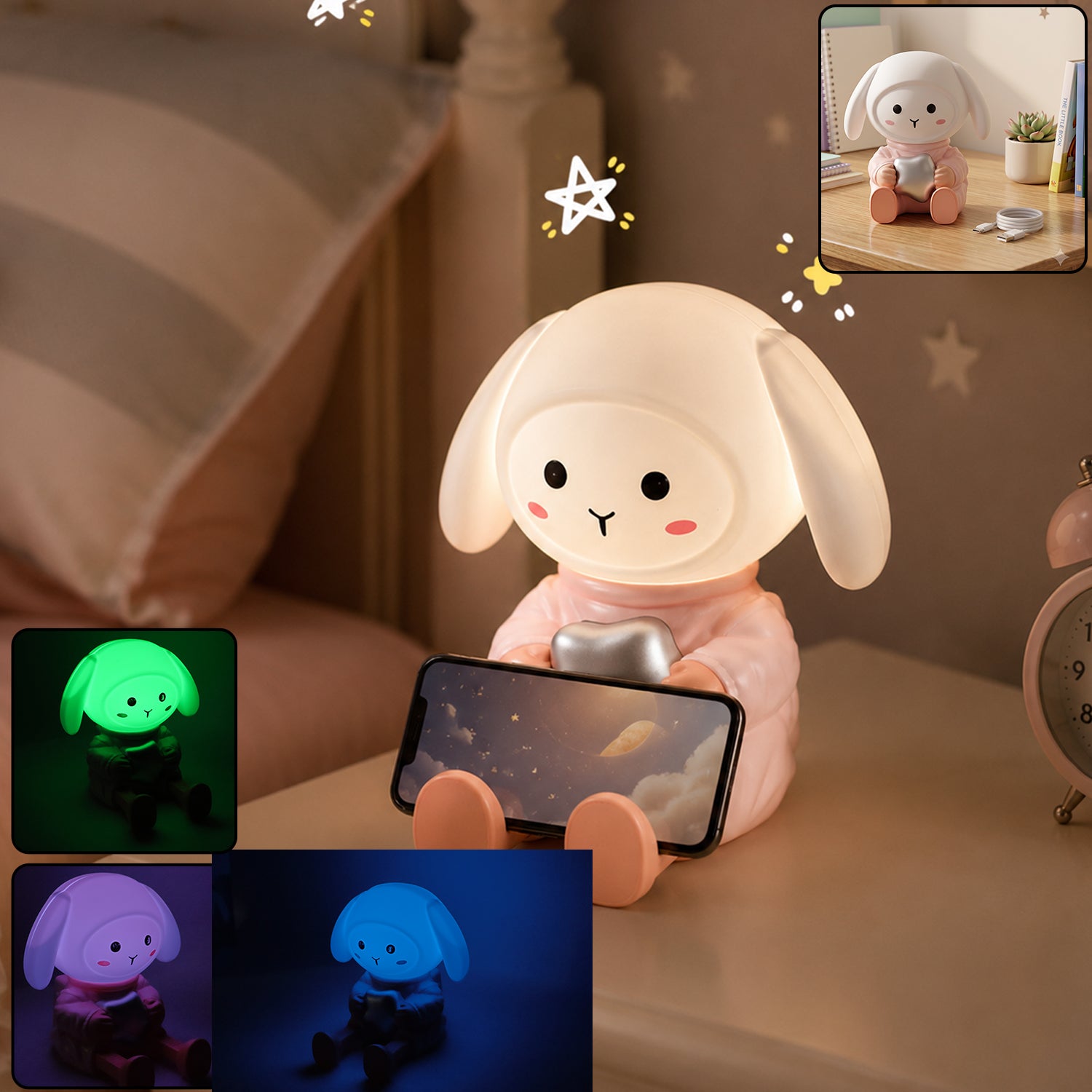 Rabbit LED Night Light with Mobile Phone Stand for Bedroom and Study Table (1 Pc) - image 1