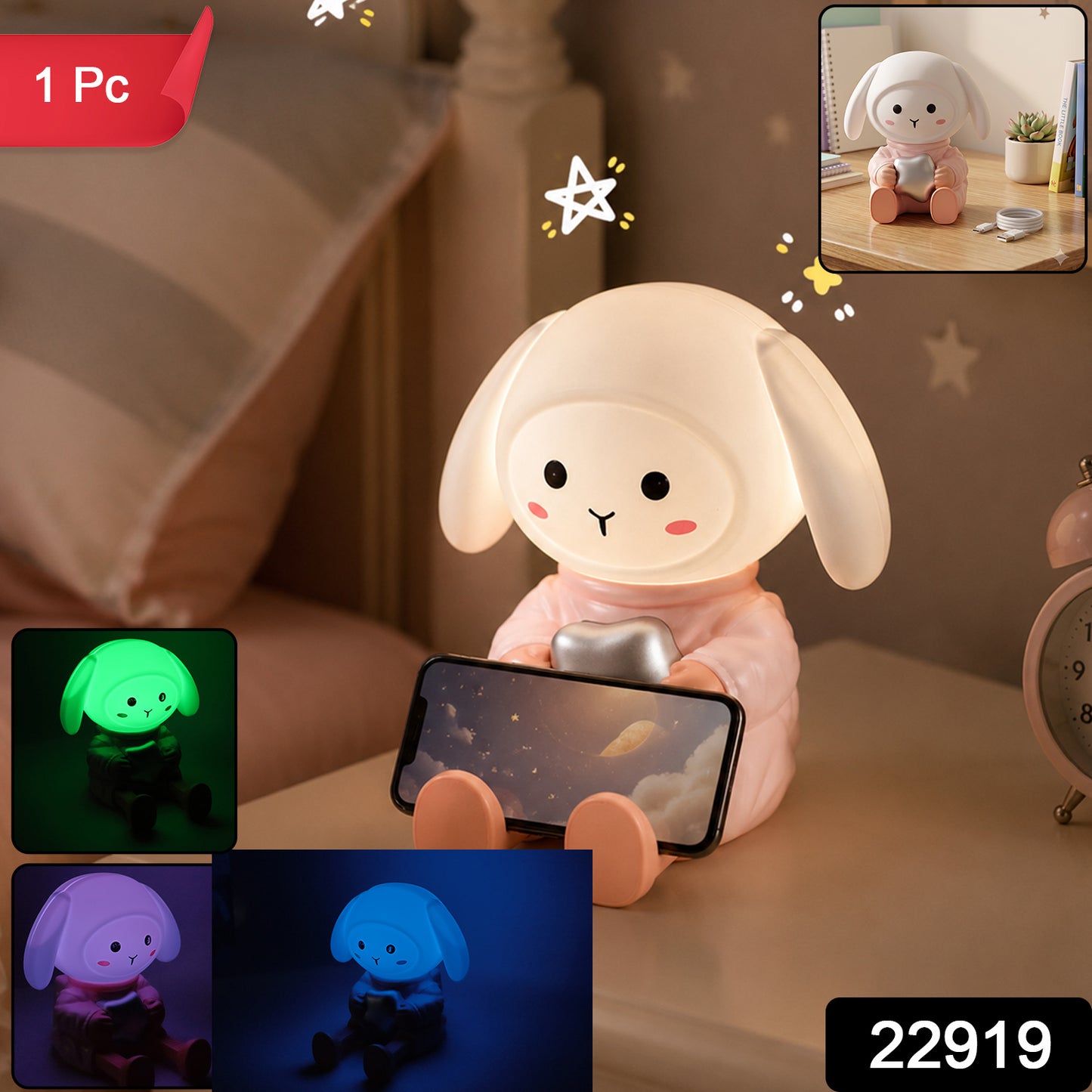 Rabbit LED Night Light with Mobile Phone Stand for Bedroom and Study Table (1 Pc) - image 2