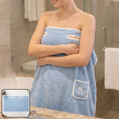 Soft absorbent wearable bath towel in use