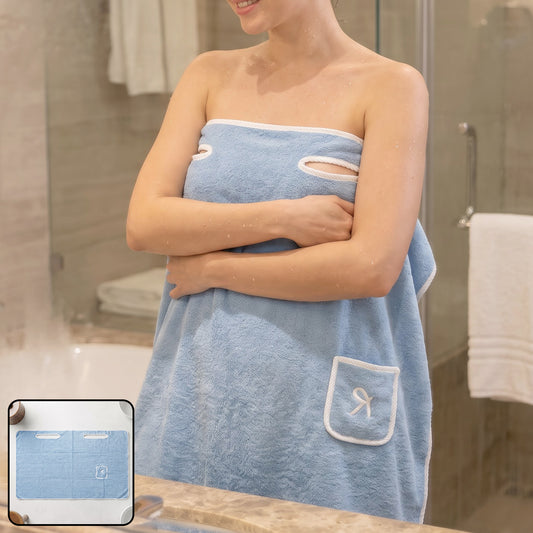 Soft absorbent wearable bath towel in use