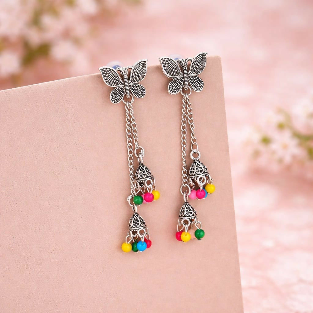 Oxidised Butterfly Chain Jhumka Earings