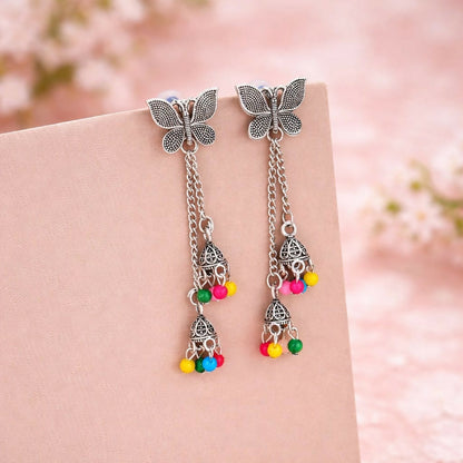 Oxidised Butterfly Chain Jhumka Earings