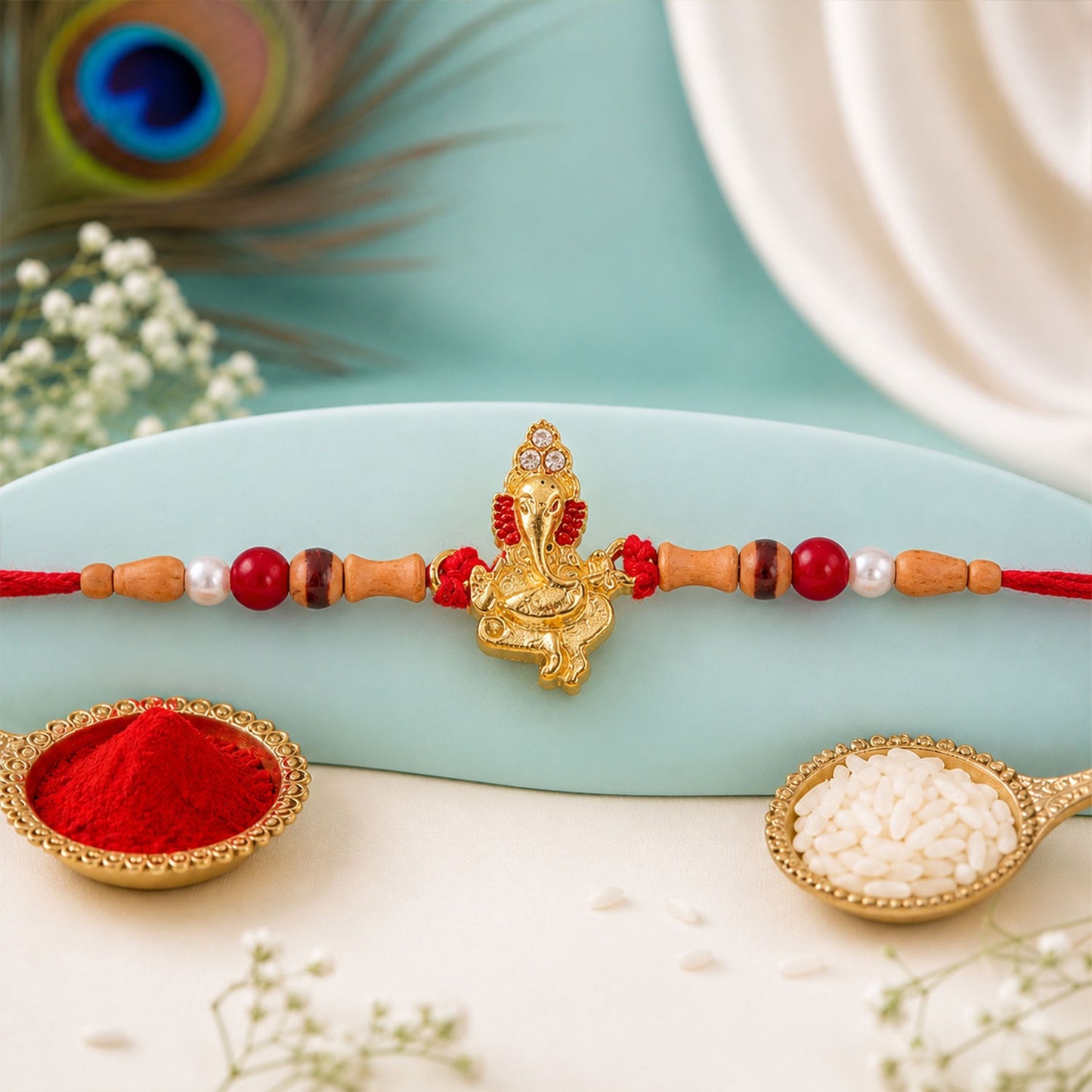 Traditional Rakhi for Brothers with intricate gold and peach beadwork