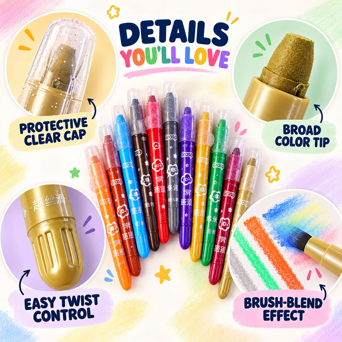 Water-Soluble Twist-Up Colour Crayons with Brush and Carry Case (48 Pc)