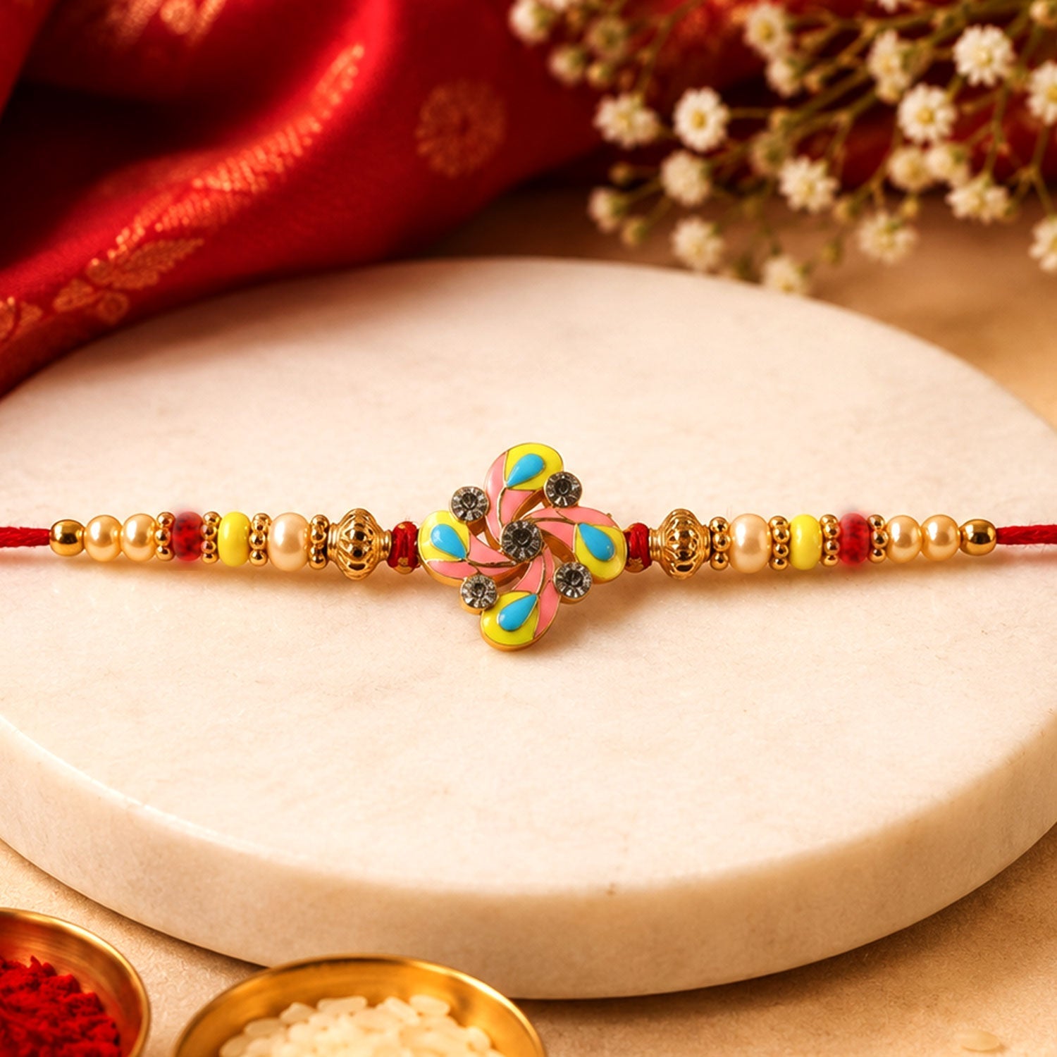 Meenakari Pinwheel Floral Crystal Stone Rakhi for Brother (5pcs)