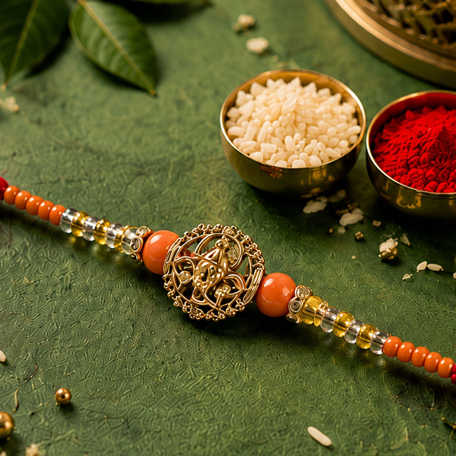 Lord Ganesha Golden Devotional Rakhi with Orange Beads and Crystal Highlights