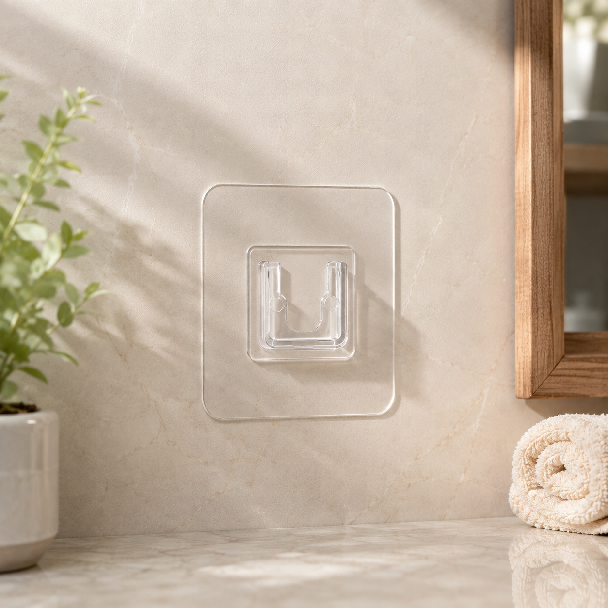 A clear, square self-adhesive hook is centered on a light beige marble wall with a plant and towel visible.