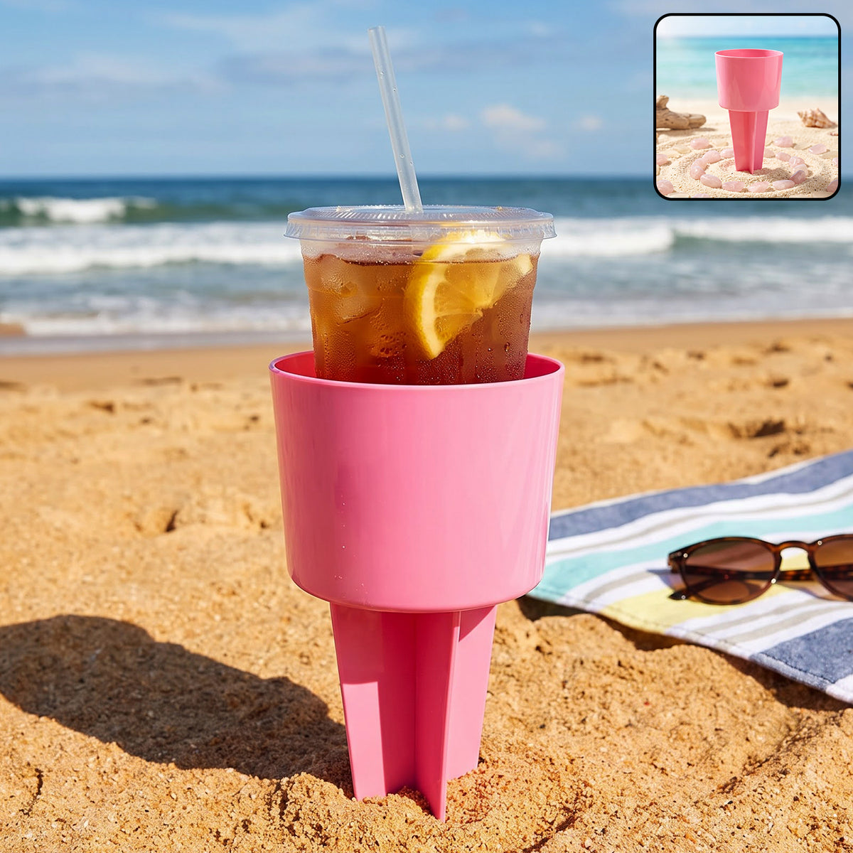 Beach beverage sand cup holder in outdoor use