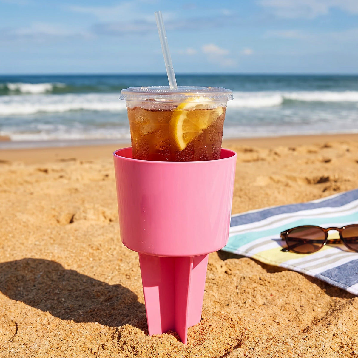 Plastic sand cup holder for beach drinks