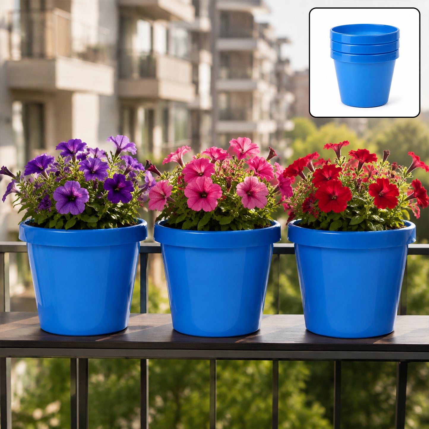 Round plastic planter pots with flowers