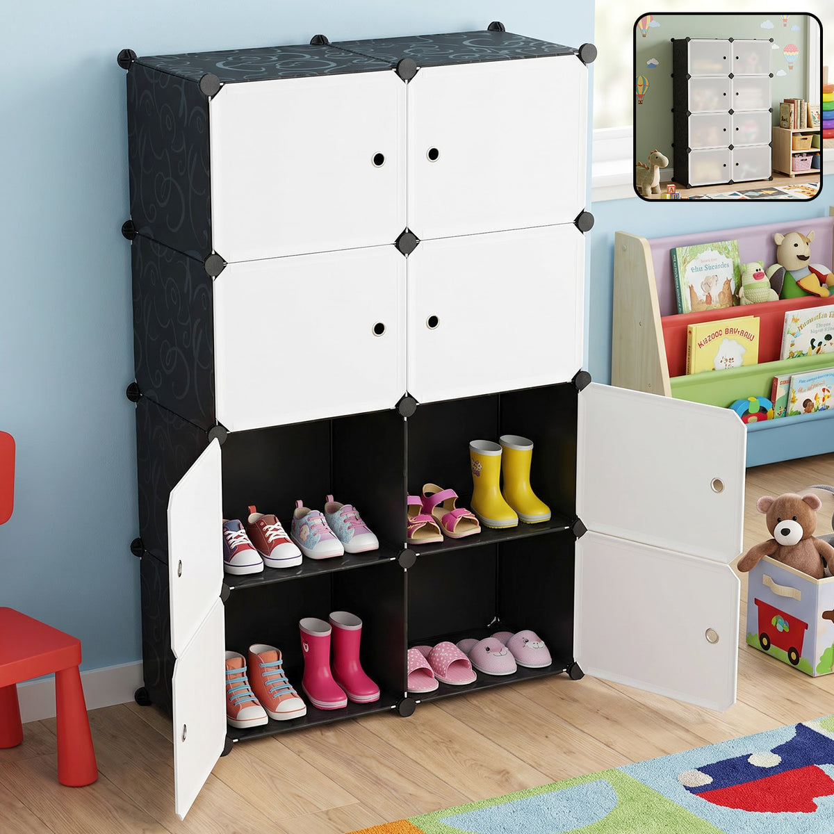 Multi compartment storage cabinet in kids room