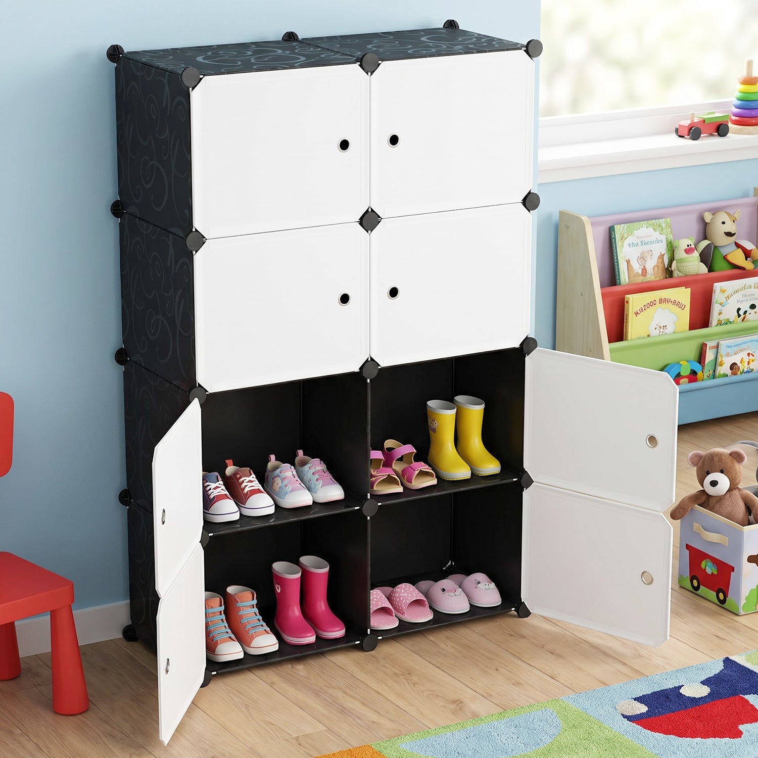 Storage cabinet with open compartments for shoes