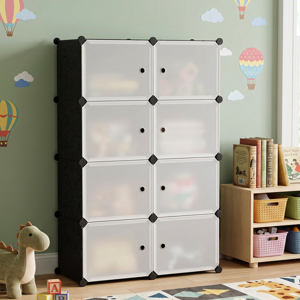 Tall multi compartment cabinet with closed doors