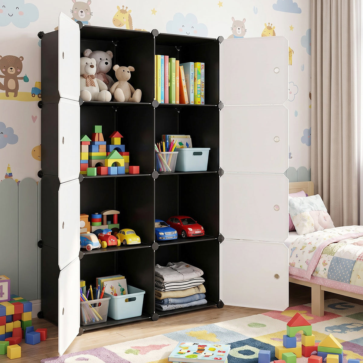 Modular storage cabinet with open doors