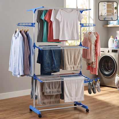 3 layer foldable clothes drying stand in use