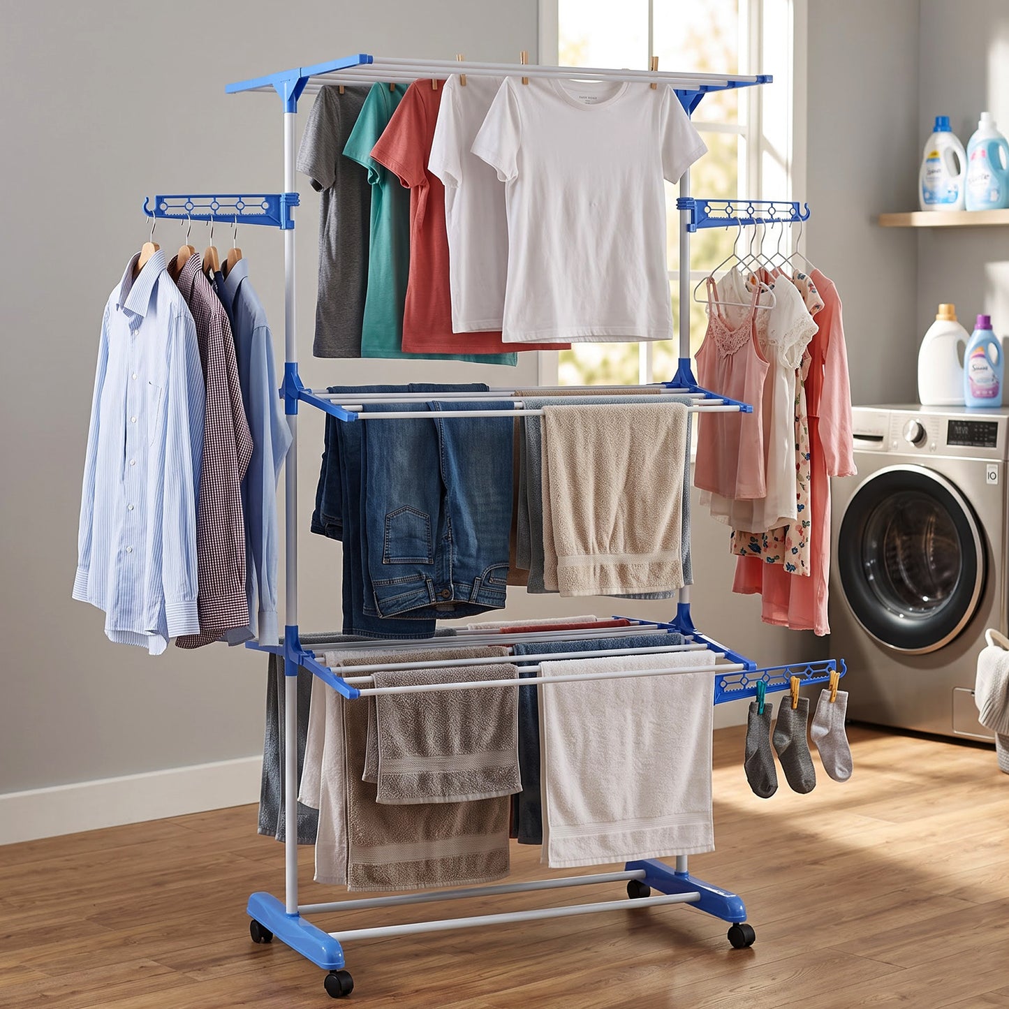 Foldable clothes drying rack with garments