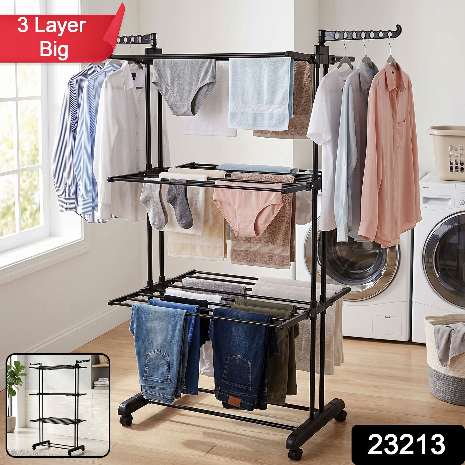 Metal Expandable Garment Rack 3 Layer Cloth Drying Stand with Wheels (1 Pc)