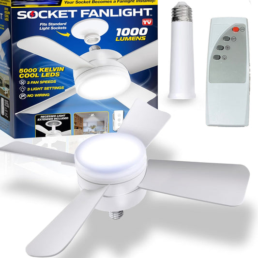 Original Cool LED Socket Fan Light – Ceiling Fan Replacement, 1000 Lumens/5000K, Remote Controlled (Remote Battery Not Included)