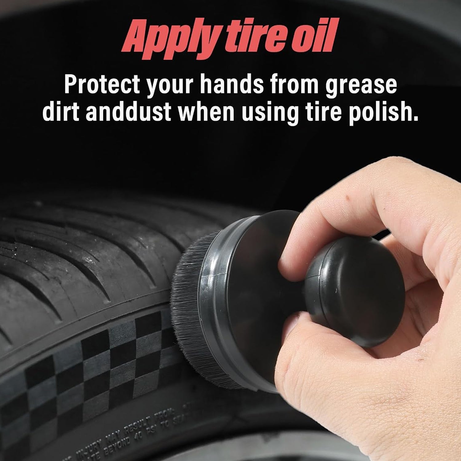 Tyre oil applicator cleaning brush in use