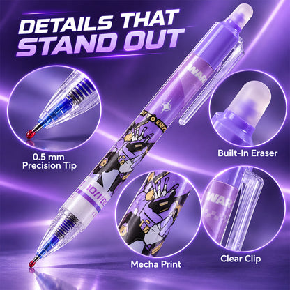 Erasable gel pens with mecha print built in eraser and 0.5 mm tips twelve piece set 02