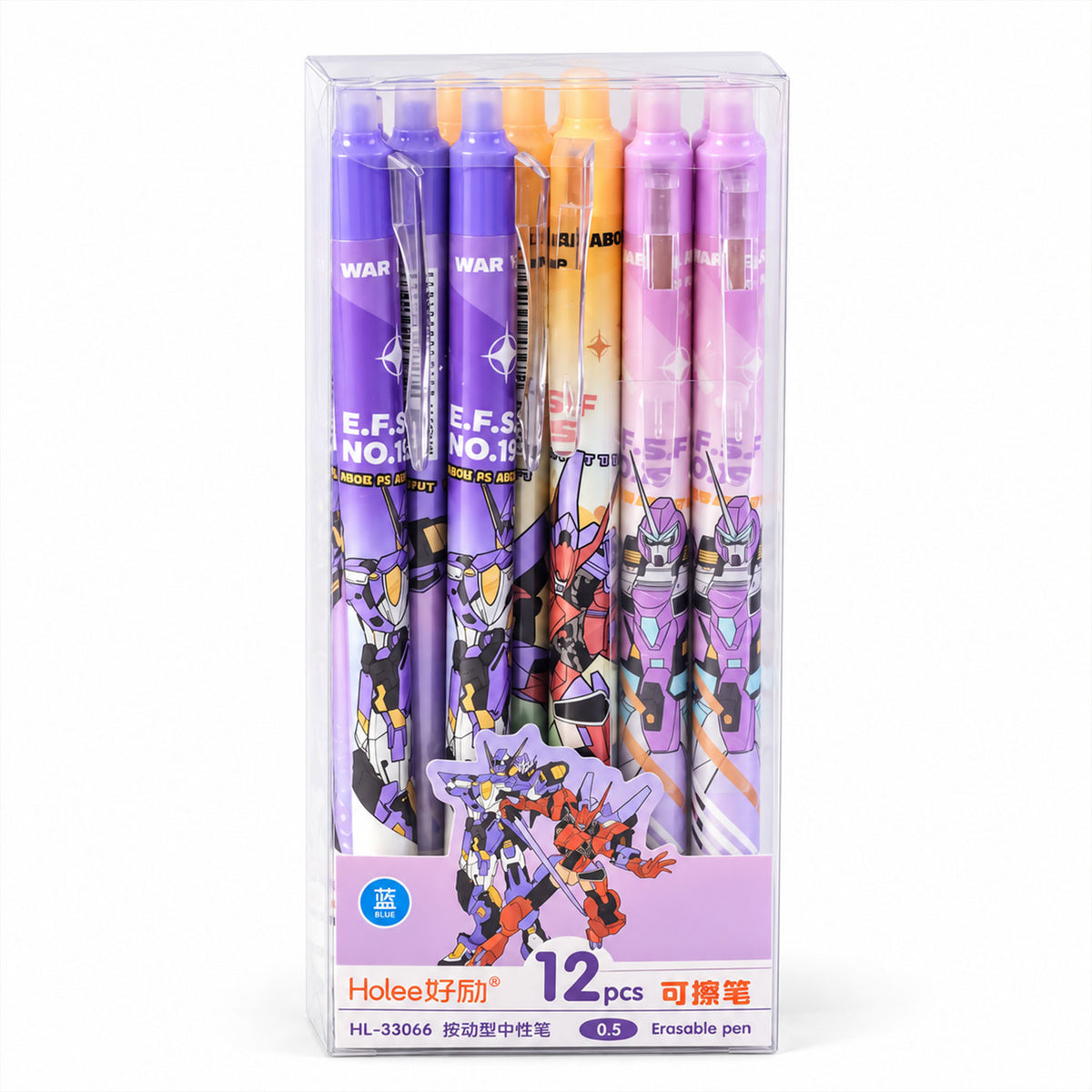 Erasable gel pens with mecha print built in eraser and 0.5 mm tips twelve piece set 04