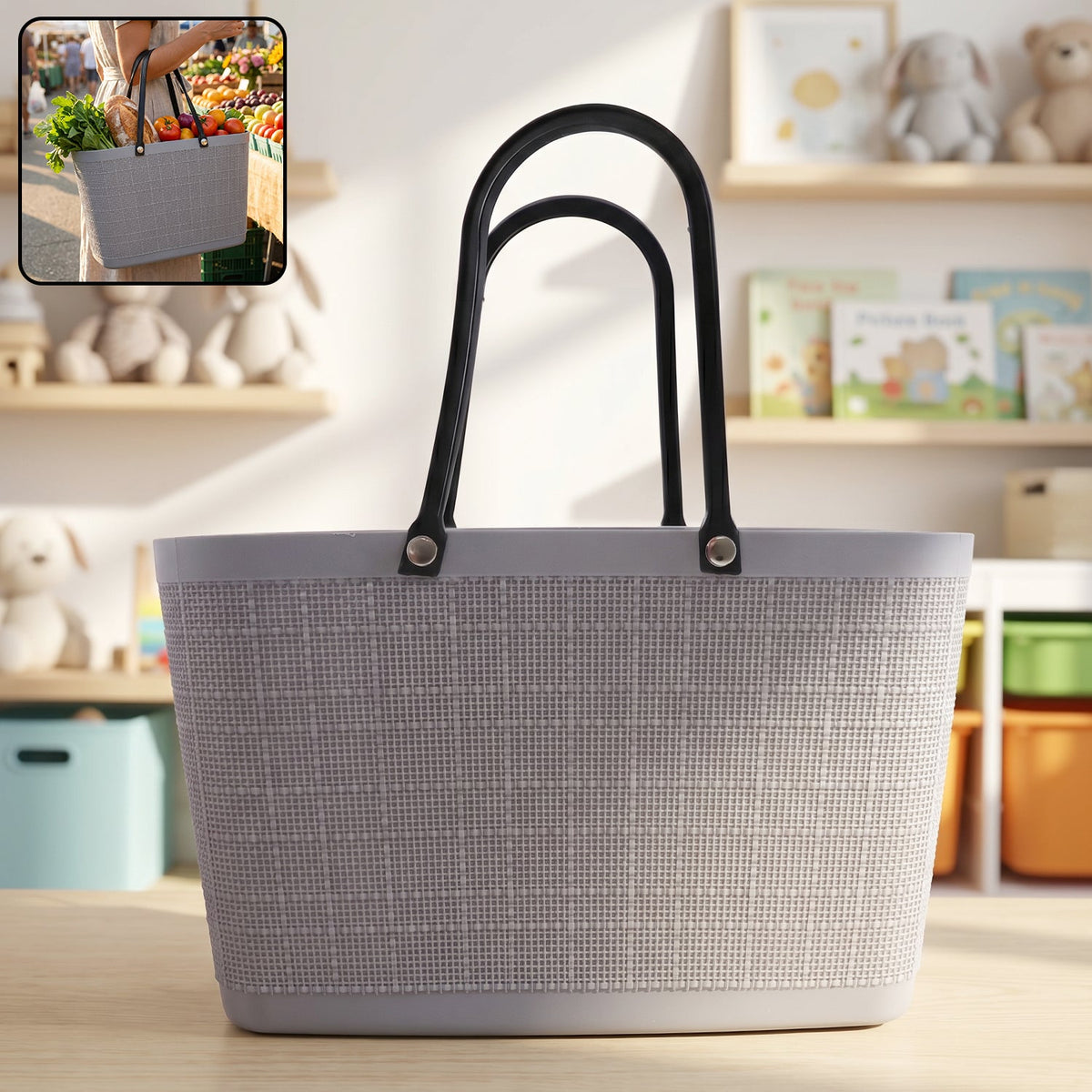 Spacious woven plastic tote bag suitable for market, beach, and daily errands