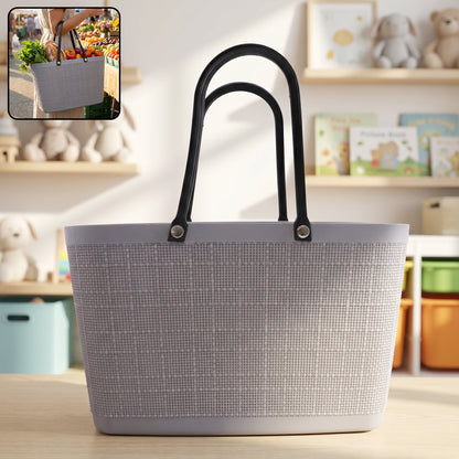 Spacious woven plastic tote bag suitable for market, beach, and daily errands