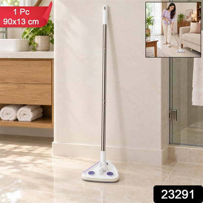 A white and silver triangular mop stands on a tiled bathroom floor, with a small inset showing a woman mopping a living room.