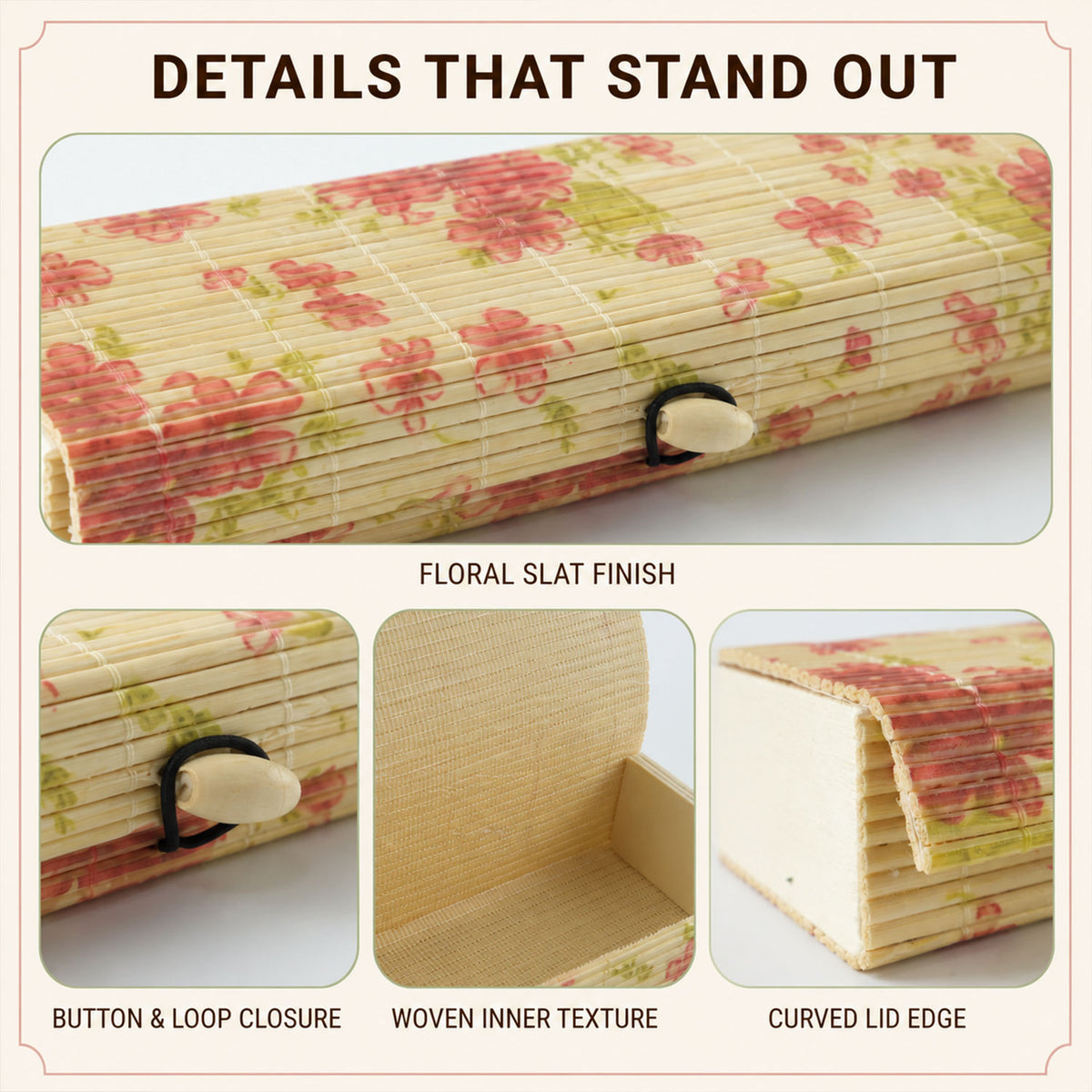Floral wooden storage box detail view