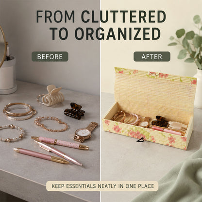 Decorative wooden organizer box in use
