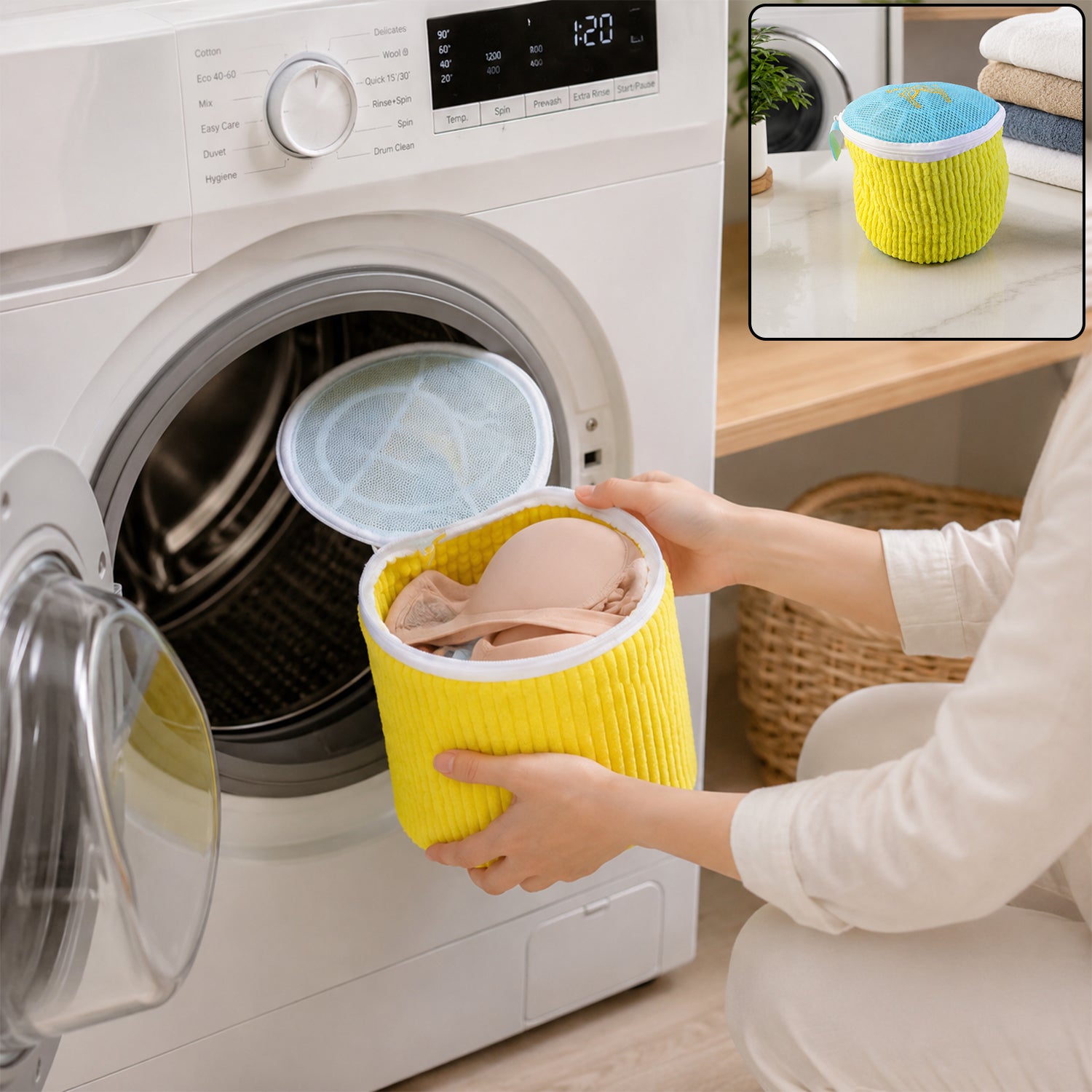 Mesh underwear wash bag being used with washing machine