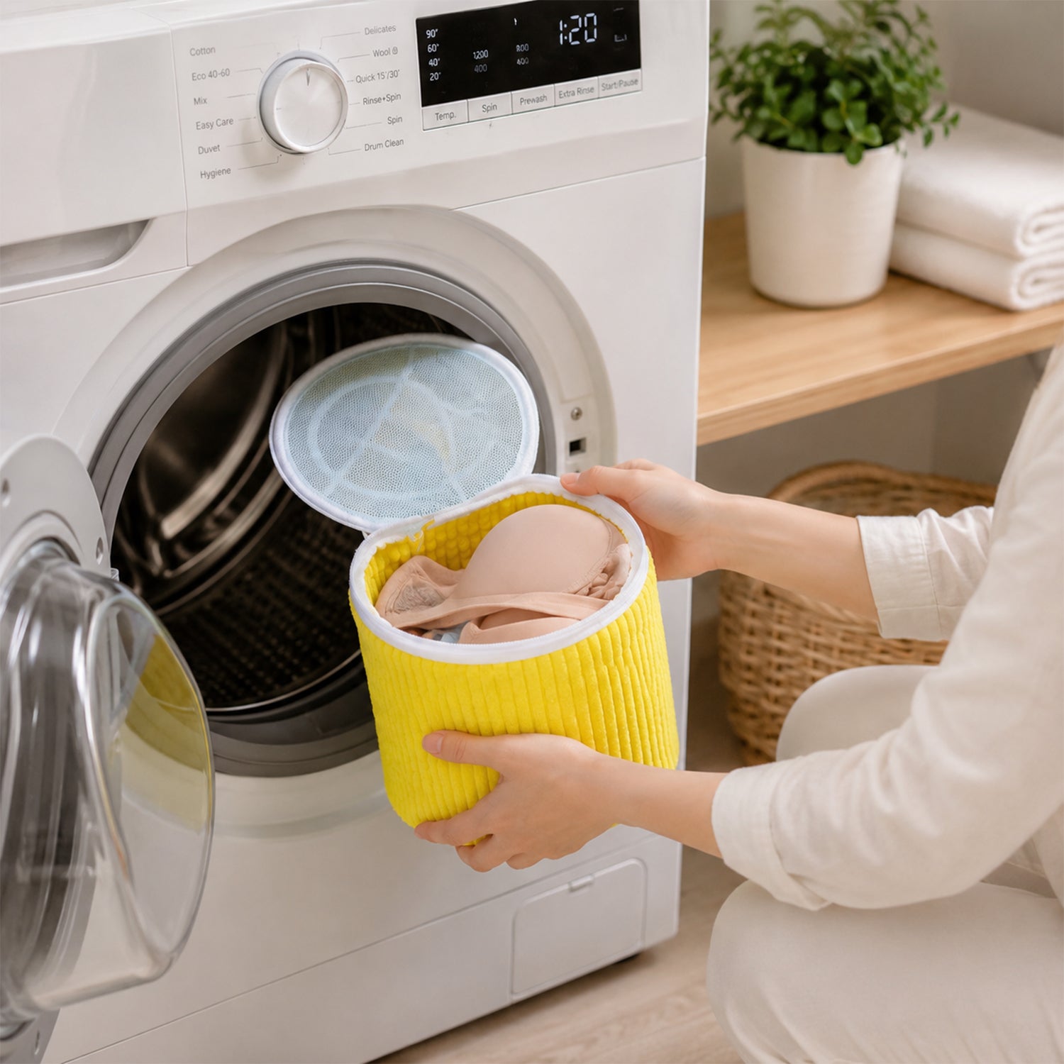 Open lingerie wash bag near washing machine