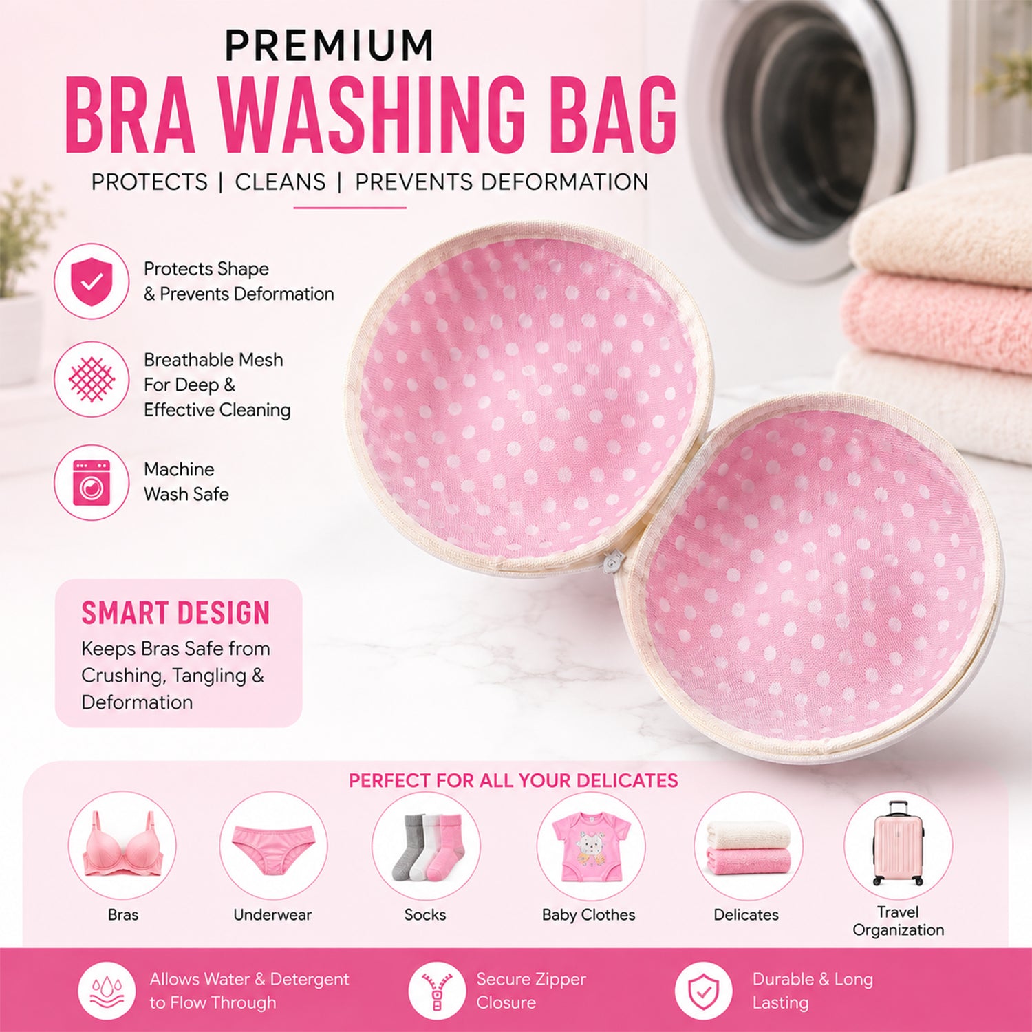 Protective mesh bra washing bag features